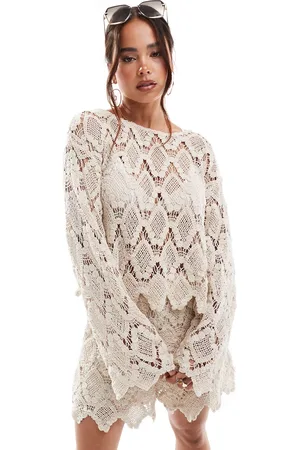 Y.A.S Festival crochet bell sleeve jumper in cream (part of a set)-Neutral