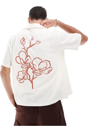 JACK & JONES Oversized jersey shirt with flower placement print in ecru-White