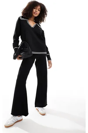 SNDYS Knit wide leg pants with contrast seam in black (part of a set)