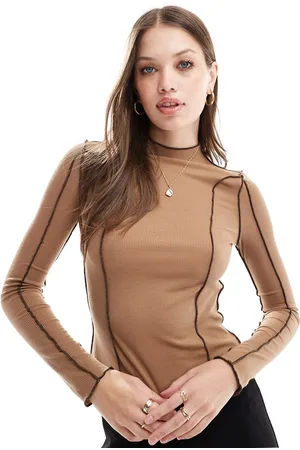 VERO MODA Long sleeve t-shirt with contrast stitching in brown-Neutral