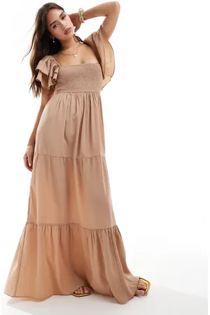 Pretty Lavish Ruffle sleeve shirred maxi dress in -Neutral