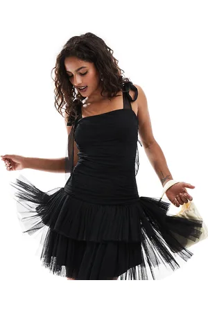 Lace & Beads Ruched bow shoulder tulle mini dress in