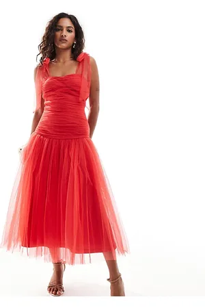 Lace & Beads Drop waist bow shoulder midaxi dress in