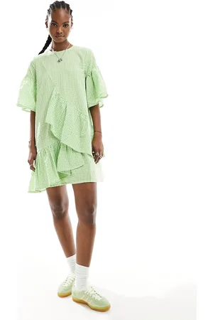 Native Youth Ruffle detail gingham mini smock dress in green