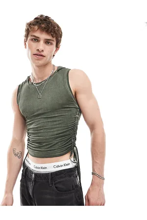 COLLUSION Hooded muscle singlet top with tie detail in khaki