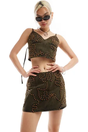 COLLUSION Festival micro mini skirt with corded embroidery in chocolate (part of a set)