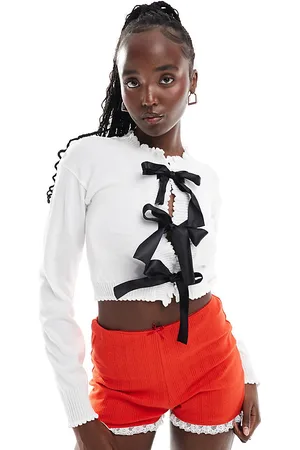 Daisy Street Frill detail cardigan in with black ribbon ties-Red