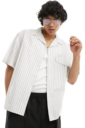 COLLUSION Oversized poplin revere short sleeve shirt in stripe-White