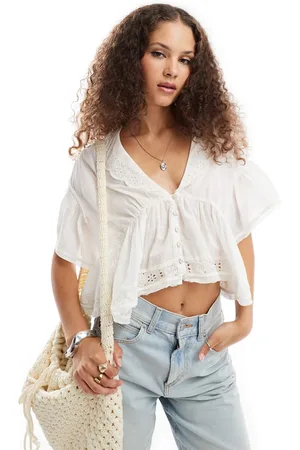 Free People Low v neck floaty blouse with broderie in -Grey