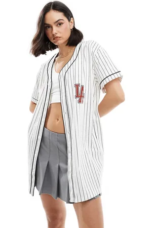 Miss Selfridge Los Angeles 91 graphic baseball tunic in blue and white -Multi