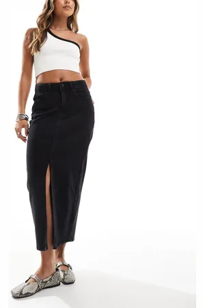 VILA High waisted denim front split midi skirt in black wash