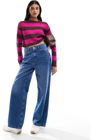 JJXX Cropped boxy stripe ribbed jumper in burgundy & pink-Multi