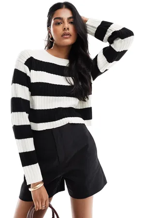 JJXX Cropped boxy stripe ribbed jumper in black & beige-Multi