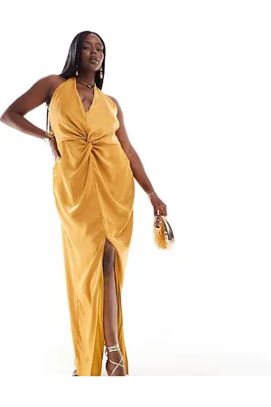 TFNC TFNC Bridesmaids Plus satin halterneck twist front maxi dress in -Yellow
