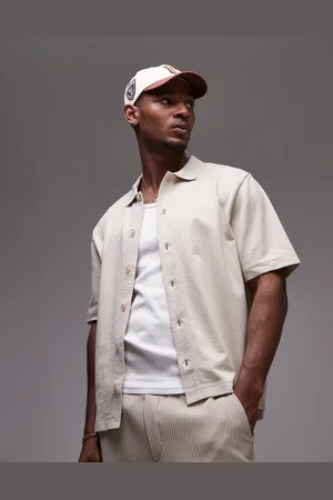 Topman Boxy fit button through jersey shirt in stone-Neutral