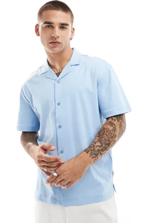 JACK & JONES Premium revere collar jersey shirt in light blue