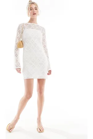 New Look Crochet long sleeve mini dress-White