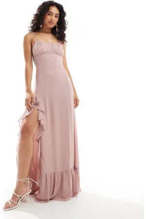 TFNC Bridesmaids chiffon cami maxi dress with split and frill detail in