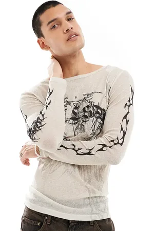 COLLUSION Long sleeve slash neck t-shirt in multi tattoo print