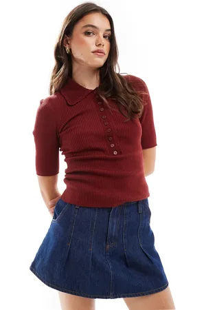 & OTHER STORIES Knitted rib polo collar top with deep button front and crochet trim in