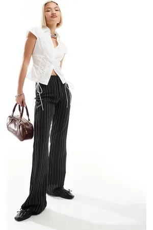 Daisy Street Pinstripe wide leg split front pants in black