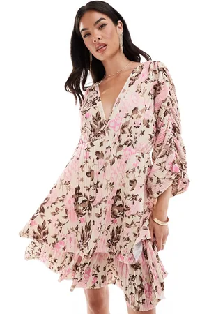 Y.A.S Pleated ruched full sleeve mini dress with low v back in pink floral-Multi