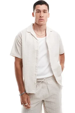 JACK & JONES Oversized revere collar crinkle shirt in beige (part of a set)-Neutral