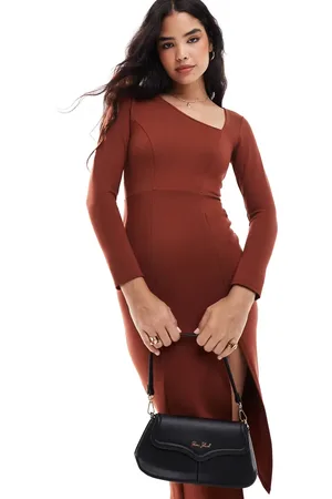 Closet Asymmetric pencil midi dress in rust-Brown