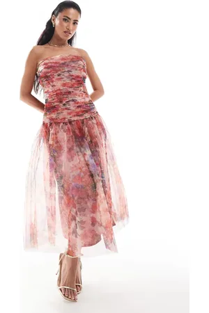 Lace & Beads Drop hem tulle midaxi dress in red and cobalt floral-Multi
