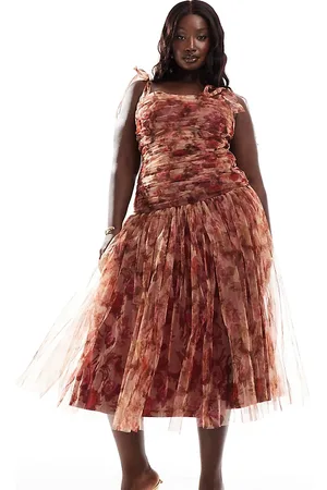 Lace & Beads Drop waist bow shoulder midaxi dress in -Multi