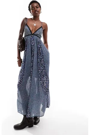 Free People Beaded detail printed cami midi dress in blue