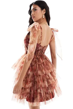 Lace & Beads Lace up corset bow shoulder tulle mini dress in -Pink