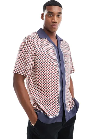 SELECTED Oversized revere collar shirt with border print in navy