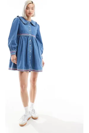 Neon Rose Rik-rak detail denim mini smock dress in