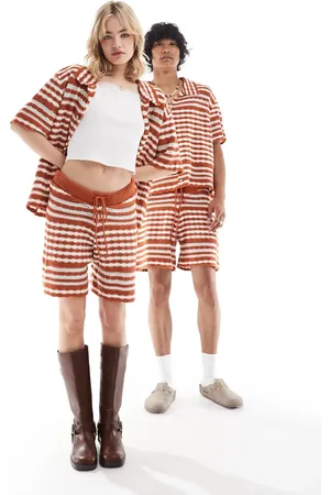 Reclaimed Unisex knitted shorts in stripe crochet-White