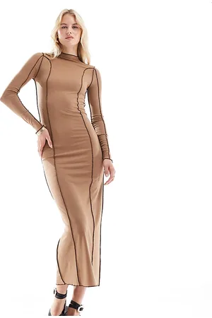 VERO MODA Long sleeve jersey maxi dress with contrast stiching in brown-Neutral