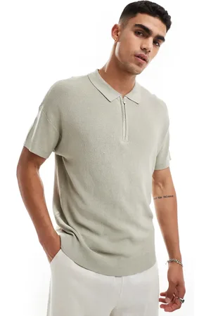New Look 1/4 zip short sleeve knitted polo in pale -Green