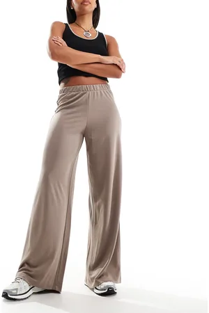 Monki Super soft low waist wide leg jersey pants in -Neutral