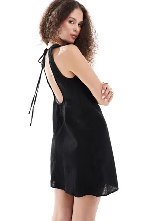 Monki Linen mini dress with open back and tie up detail in