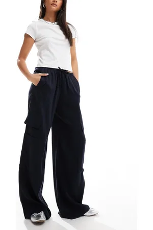 Bershka Tie waist cargo wide leg pants in -Blue