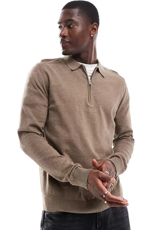 SELECTED Half zip long sleeve polo shirt in tan-Brown