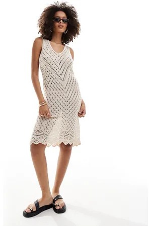JDY V neck crochet midi dress in -White