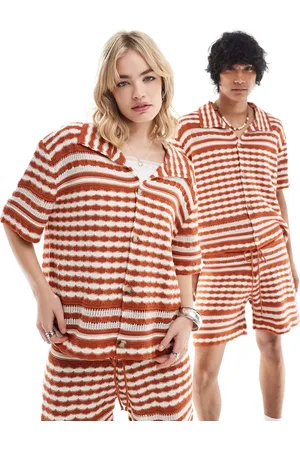 Reclaimed Unisex knitted shirt in stripe crochet-White