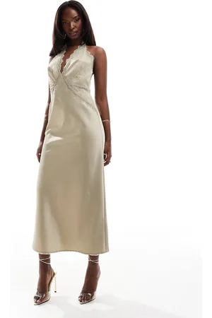 Rare Fashion London lace trim satin midaxi dress in -Green