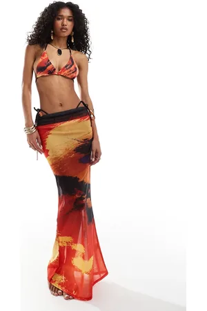 Murci Mesh beach maxi skirt in red lava print (part of a set)-Multi
