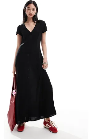 Monki Short sleeve button front midi dress in