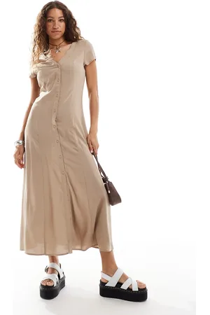 Monki Short sleeve button front midi dress in -Neutral