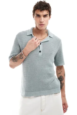 Abercrombie & Fitch 2 button revere collar resort knit polo in grey green