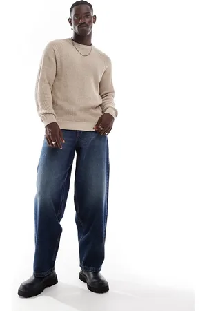 ADPT. Oversized fisherman rib crew neck jumper in beige-Neutral