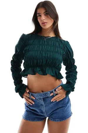 Lola May Gathered satin long sleeve crop top-Green